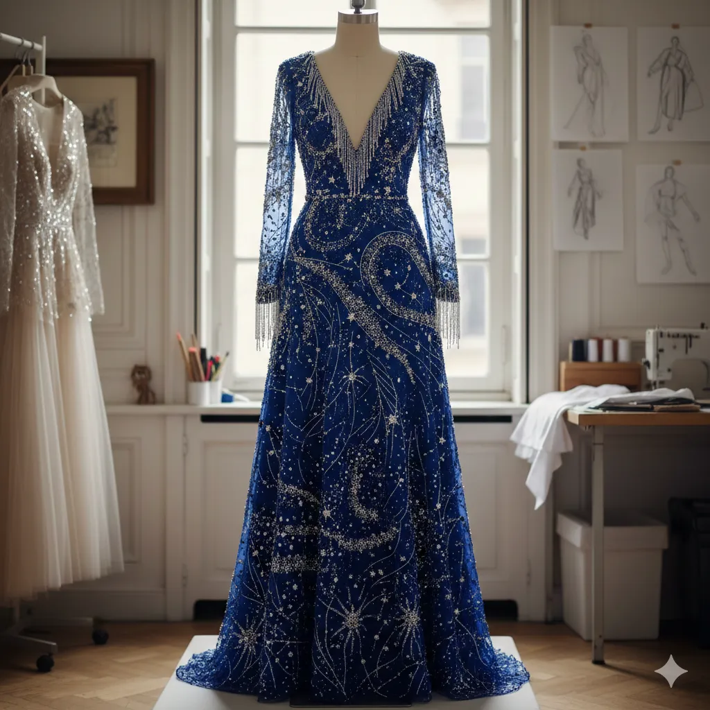 Beading work on evening dress