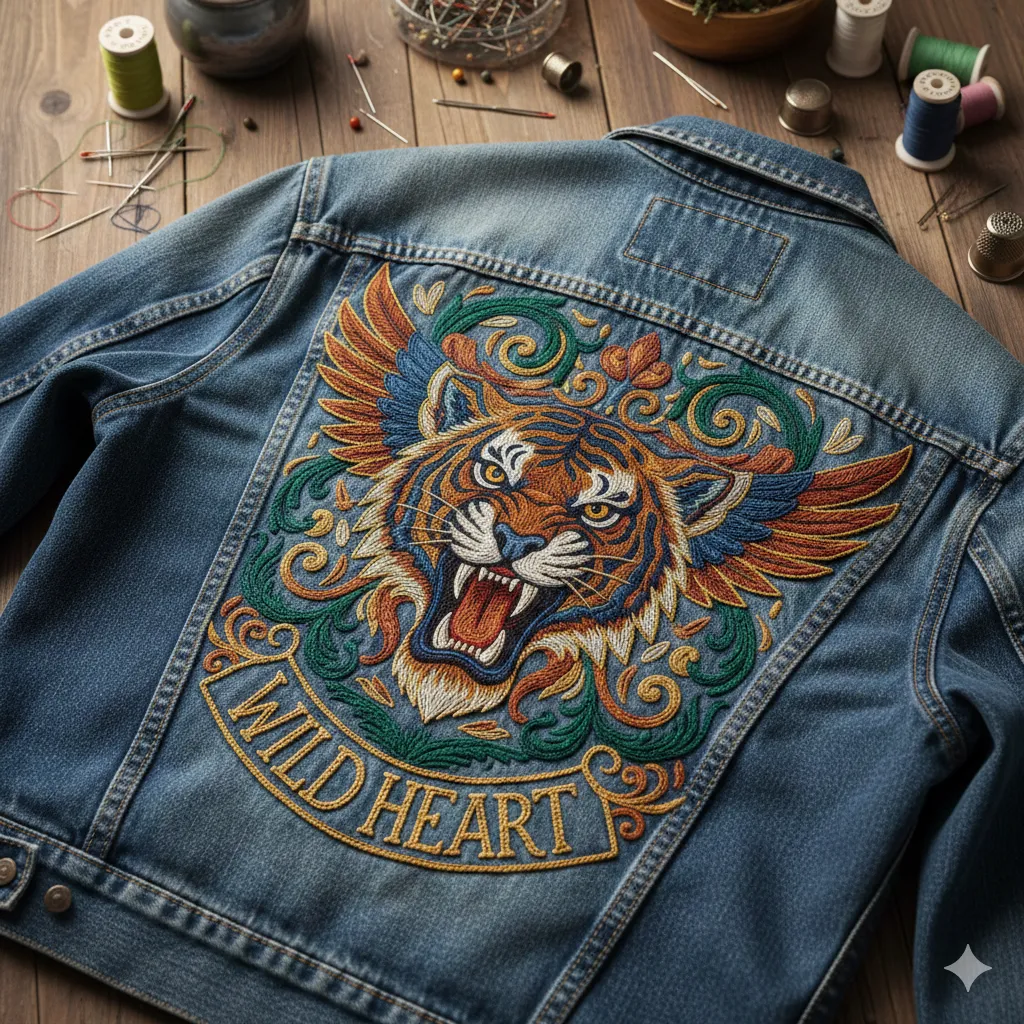 Custom embroidery work on denim jacket
